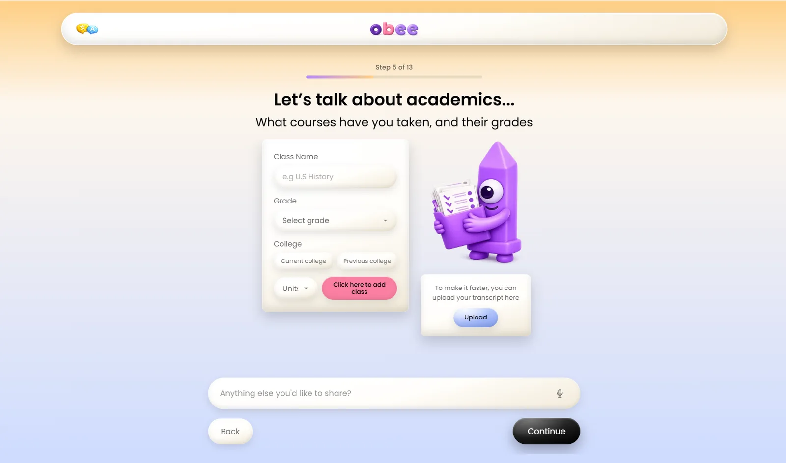 Live Obee screen: Let's talk about academics