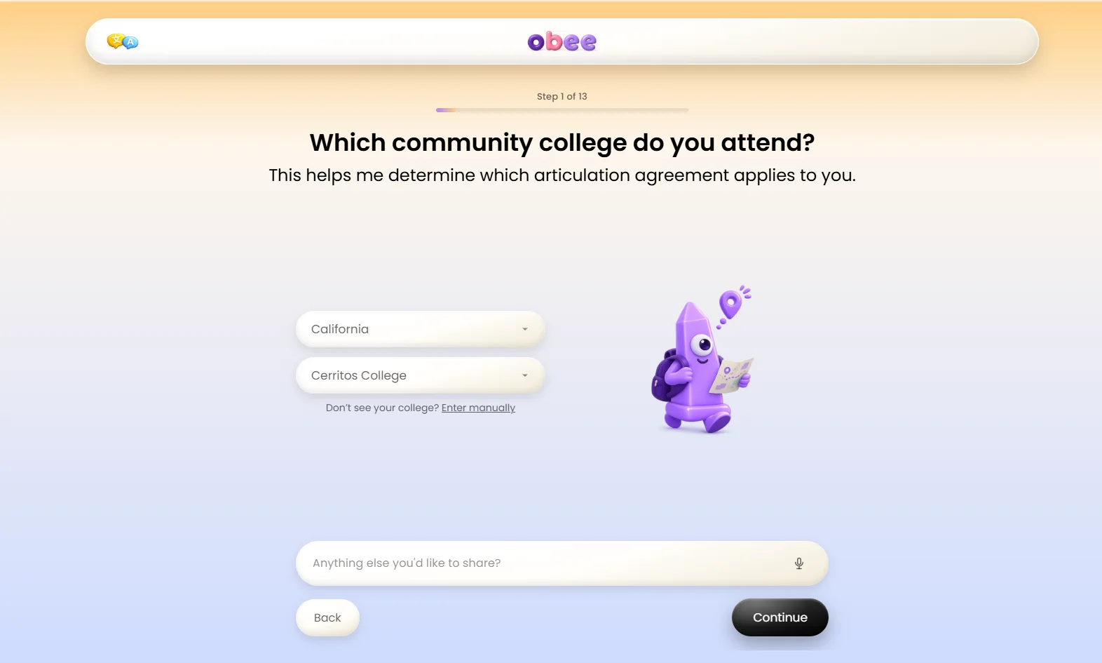 Live Obee screen: Which community college do you attend?