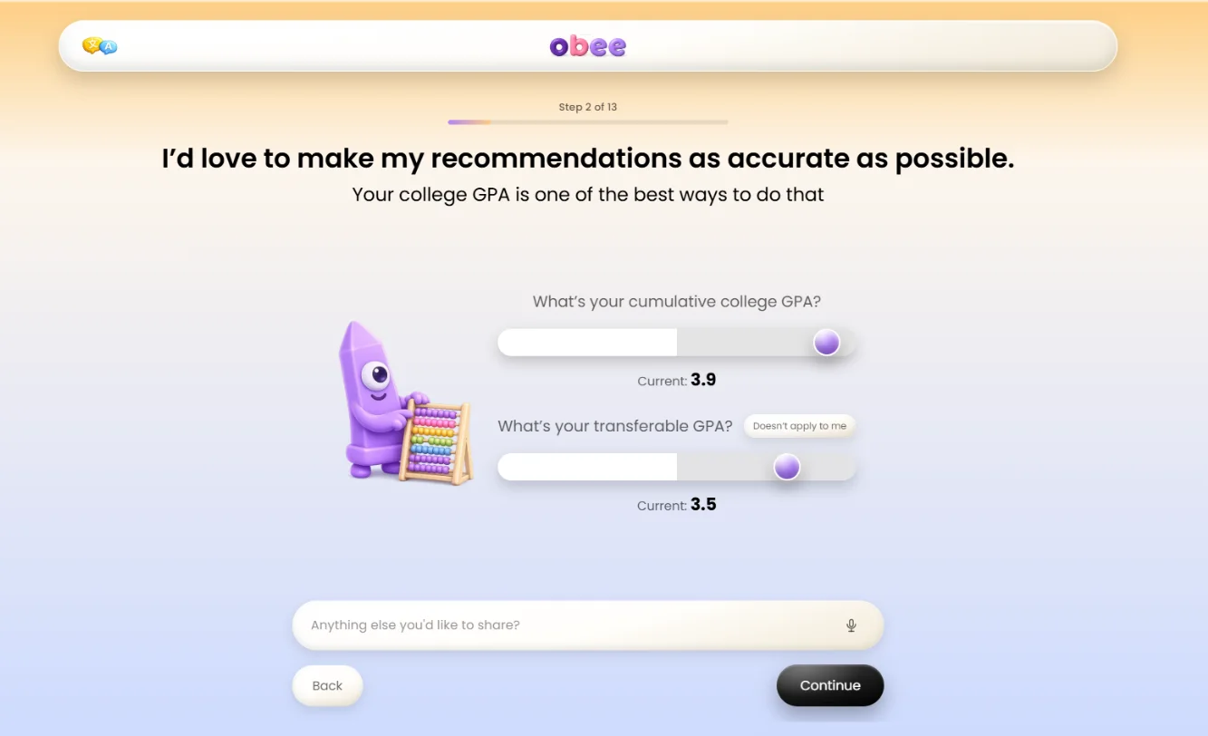 Live Obee screen: Grades and GPA