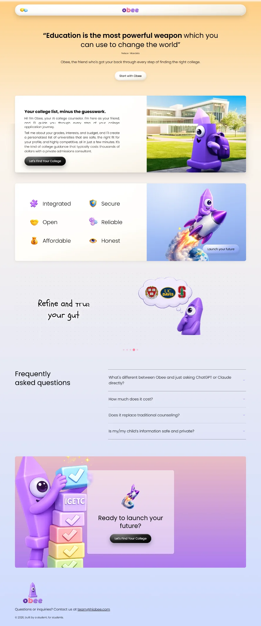 The live Obee homepage with the purple obelisk mascot, the values grid, the FAQ and the closing call to action.