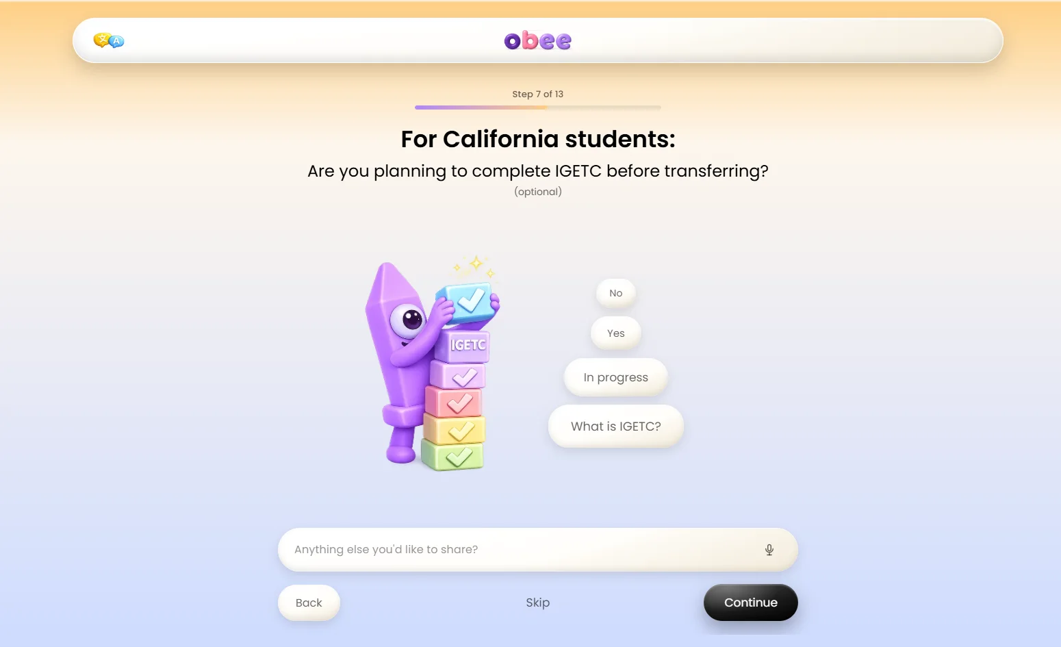 Live Obee screen: For California students, IGETC