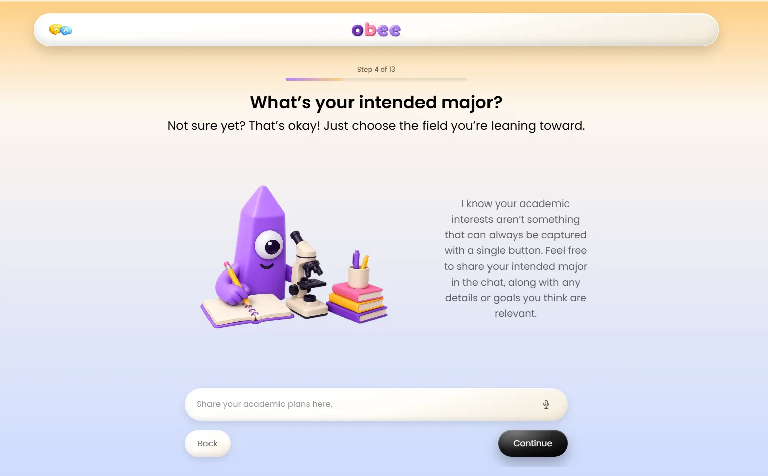 Live Obee screen: What's your intended major?