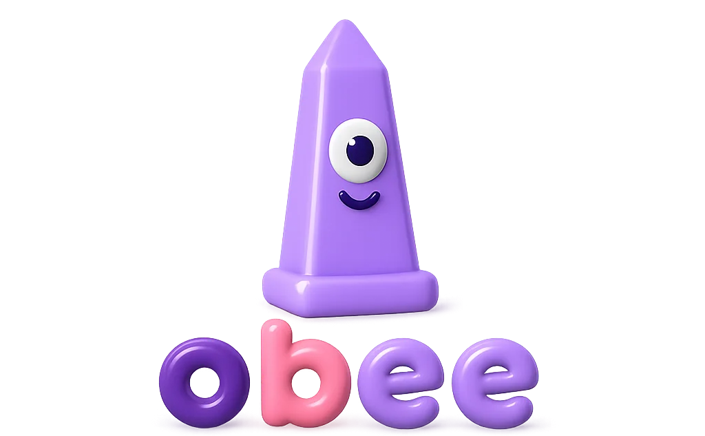 The Obee logo, a glossy purple obelisk with one eye and a smile above the word obee.
