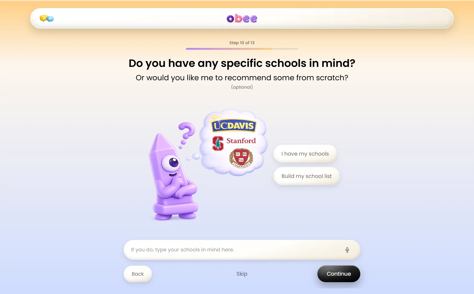 Live Obee screen: Do you have specific schools in mind?