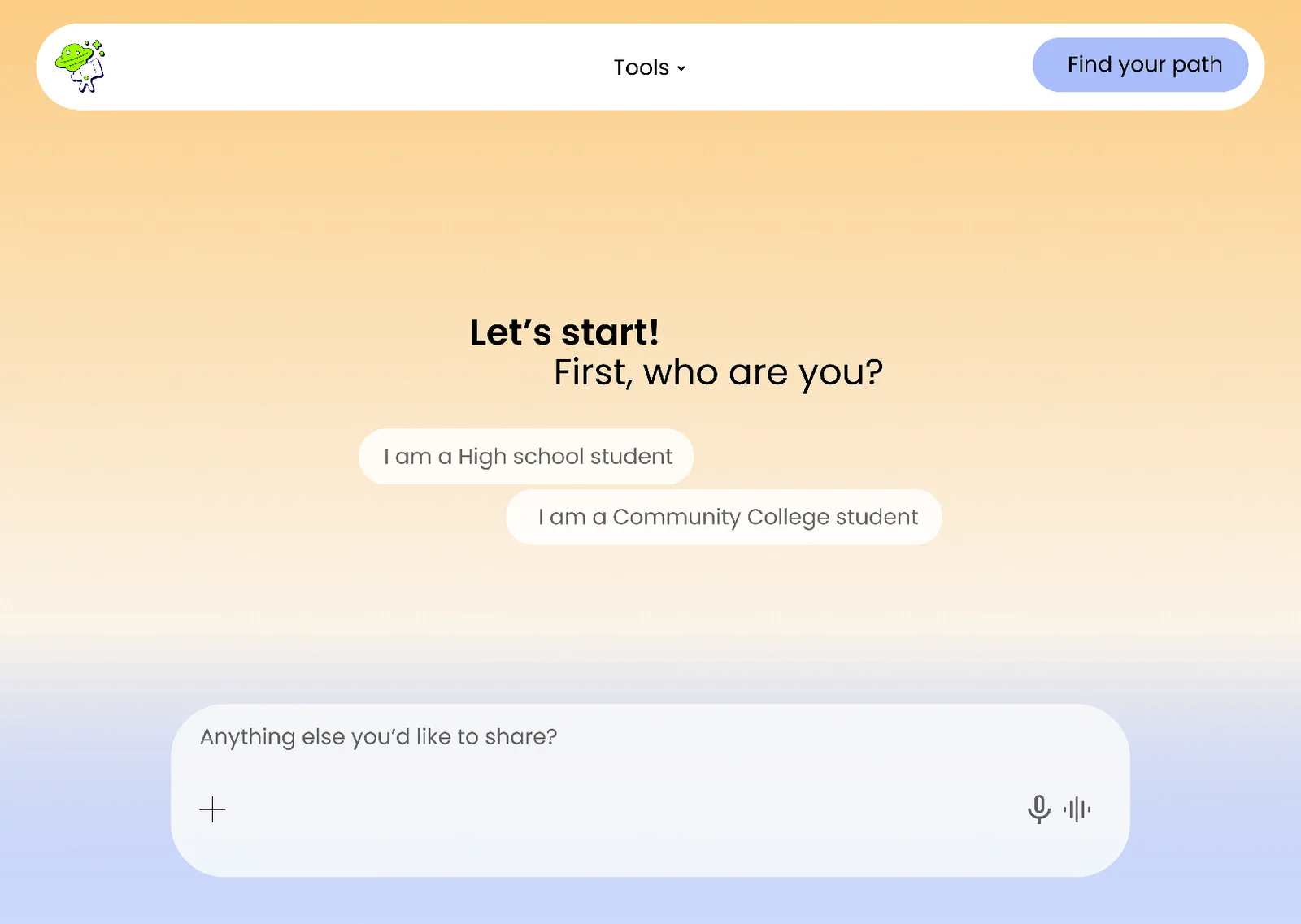 Figma screen: Let's start! First, who are you?