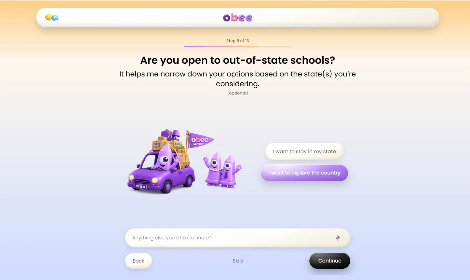Live Obee screen: Are you open to out-of-state schools?