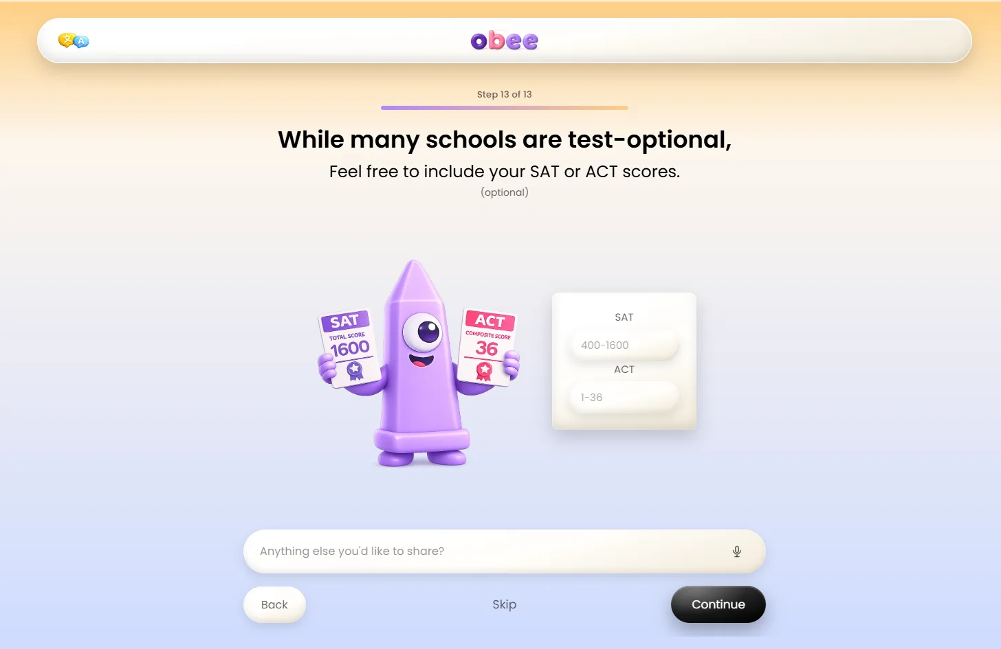 Live Obee screen: Test scores