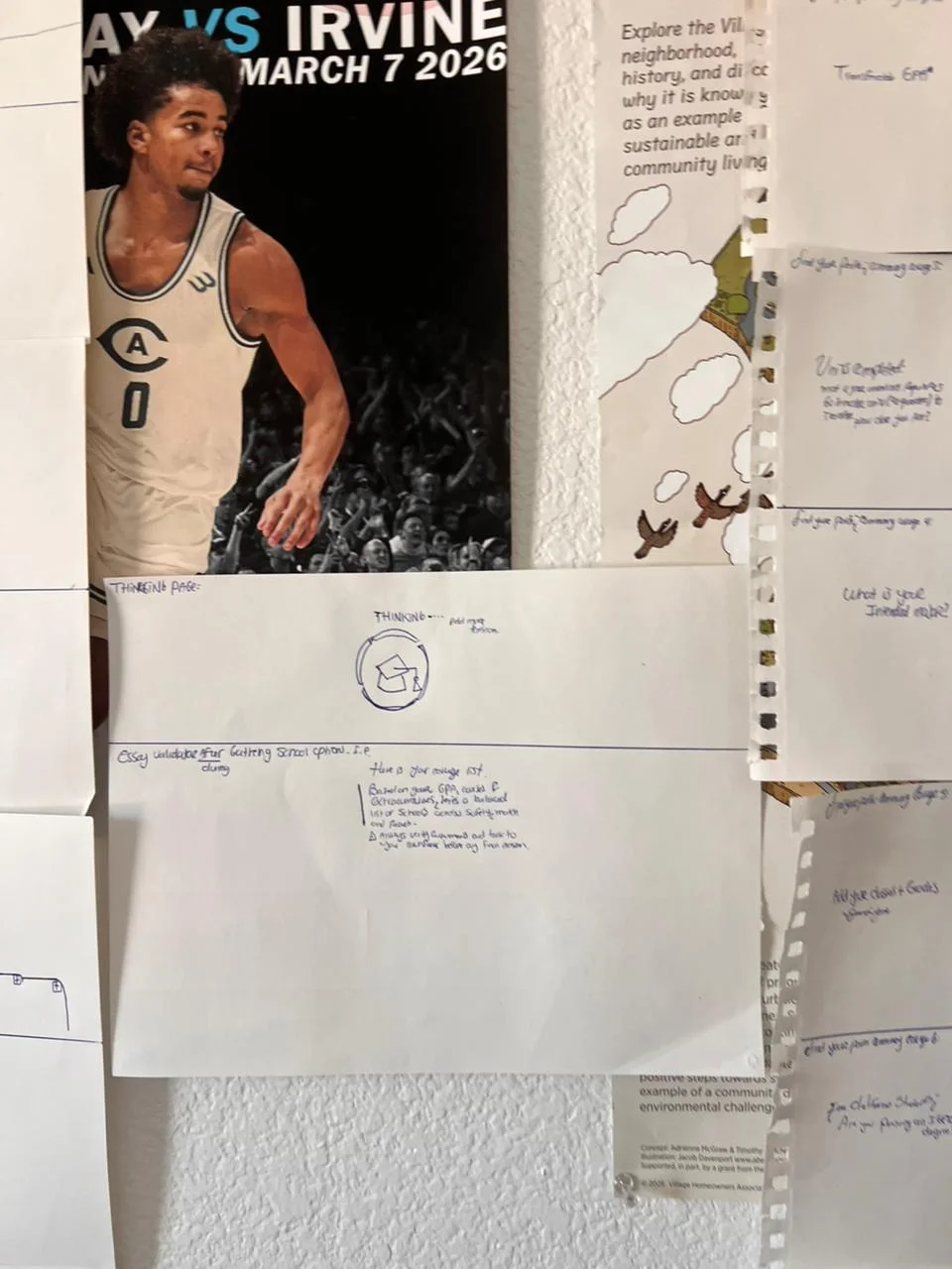 Hand-drawn screen sketches taped to a dorm room wall, including the thinking page and several intake steps.