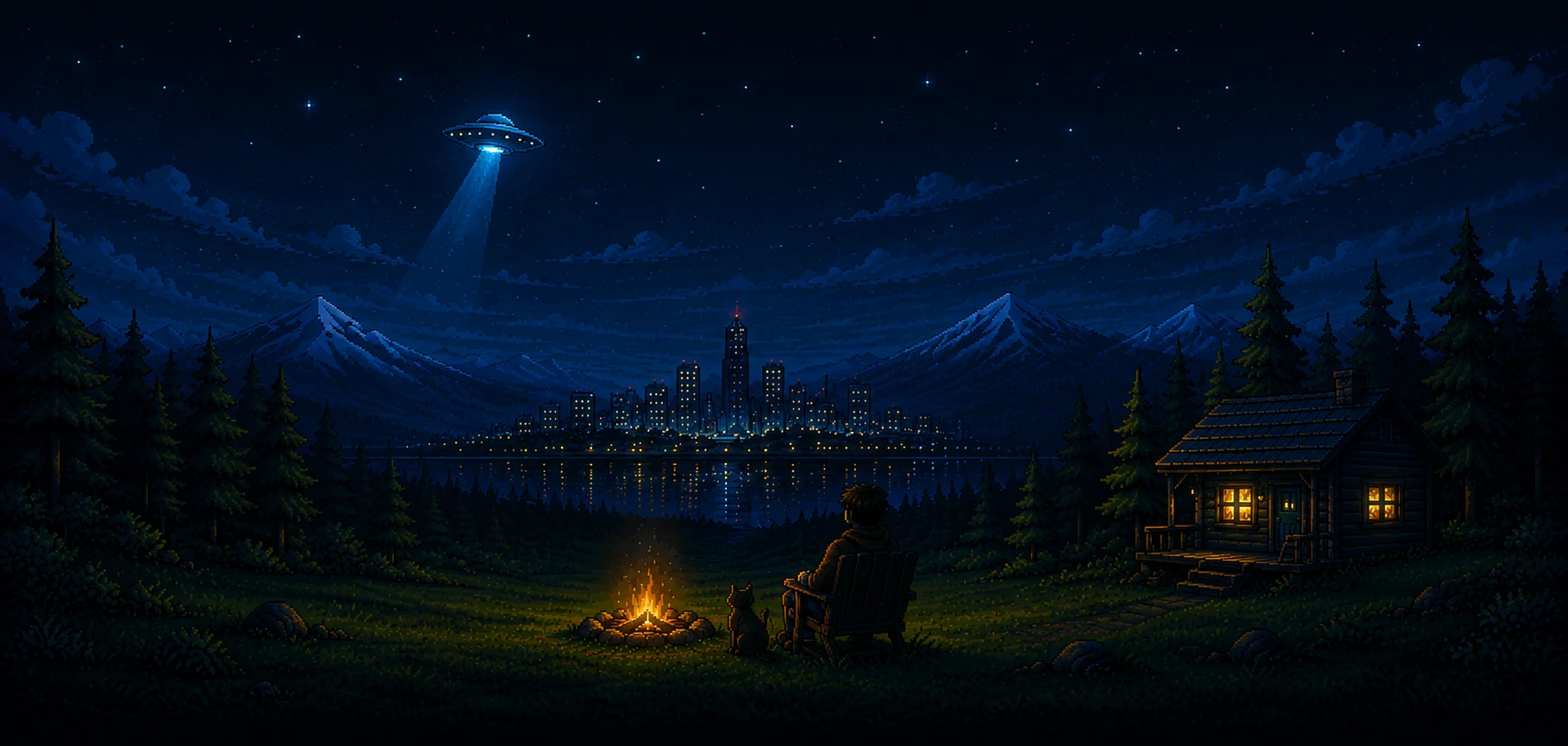 A pixel-art night scene from sevenbox.dev. A person sits in a chair by a campfire with a cat, next to a lit cabin, facing a lake and a city skyline under a starry sky while a UFO shines a beam over the mountains.